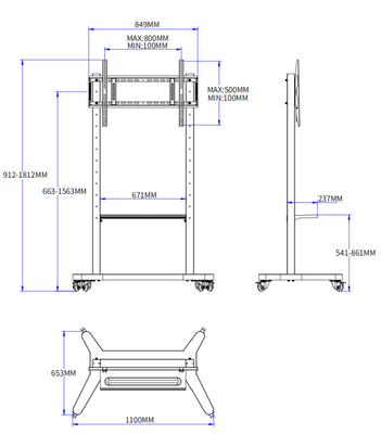 Padrão móvel ajustável para quadro branco interativo 55/75/86 polegadas rodas trancáveis