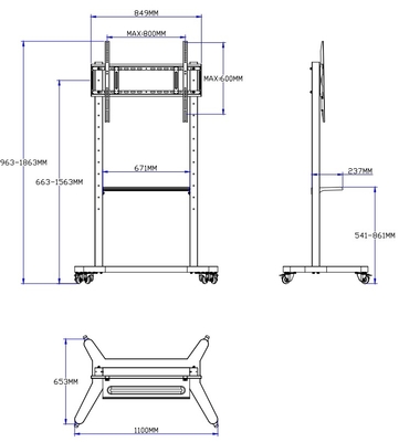 55" - 86" Stand de TV móvel ajustável com rodas, compatibilidade para 43" - 100" telas planas / curvas até 220 lbs quadro de aço, 5 opções de altura, carrinho de TV rolante