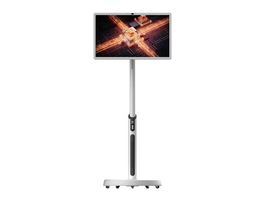 Venda de fábrica 32 polegadas branco carregável KTV restaurante mostrando sala de palco touch Android painéis tablet com rodas móveis uma câmera e alto-falantes