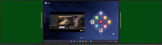 Display IBoard 4K 75 polegadas com painéis laterais interconectados, cores verde, preto e branco, sistema Android Windows, dobrável para educação