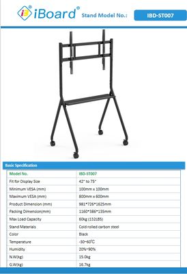 Novo Suporte para Lousa Interativa Móvel de 42 a 75 Polegadas, Monitor de TV, Suporte Móvel Elevatório, Capacidade Máxima 60KG, Rodas Potentes, Fácil Movimentação para lousa interativa e suporte móvel