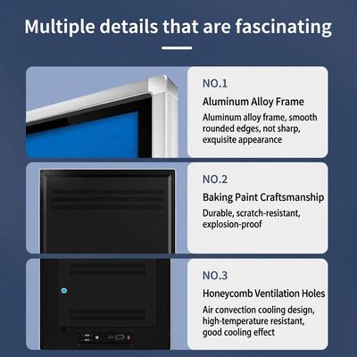 Sinalização digital com ângulo de visão > 178° e temperatura de armazenamento de -20°C a 60°C, com CMS baseado em nuvem ou local