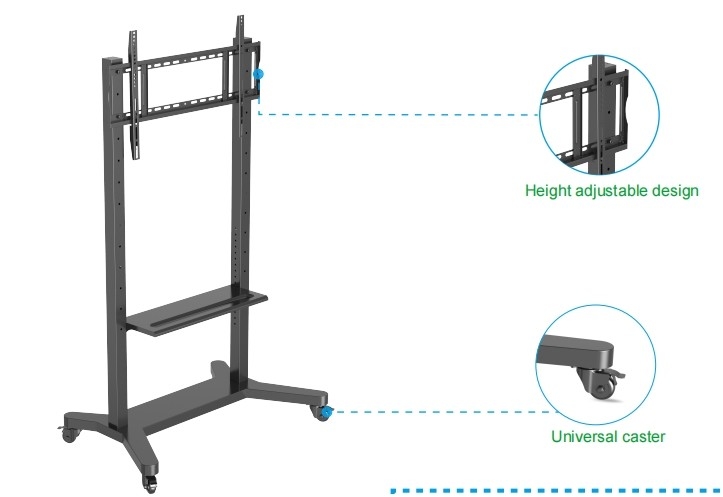 55" - 86" Stand de TV móvel ajustável com rodas, compatibilidade para 43" - 100" telas planas / curvas até 220 lbs quadro de aço, 5 opções de altura, carrinho de TV rolante