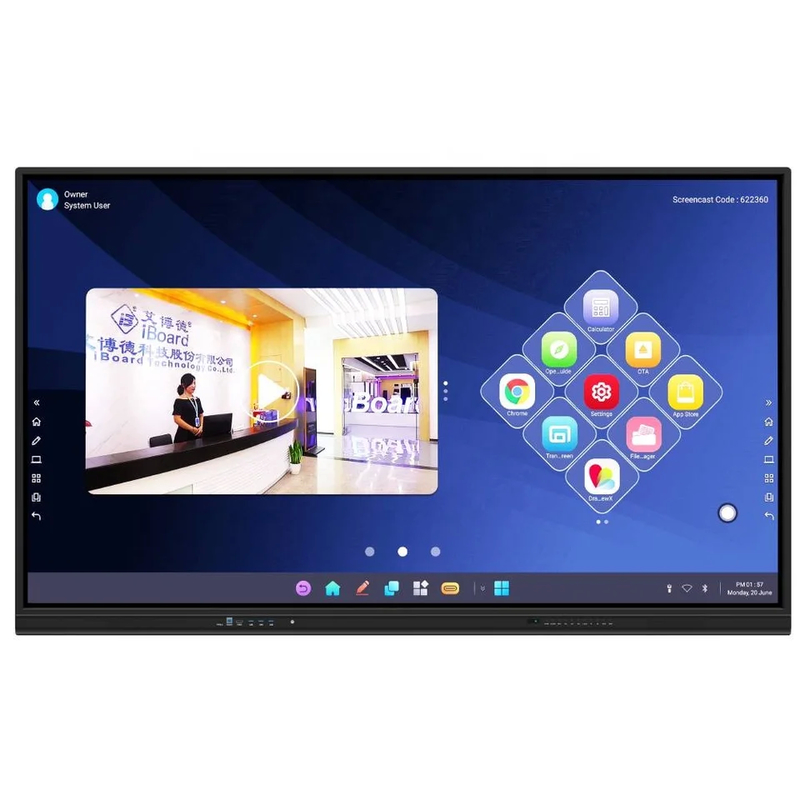 Display interativo de painel plano com alta relação de contraste e sensor de luz suportado para palestras