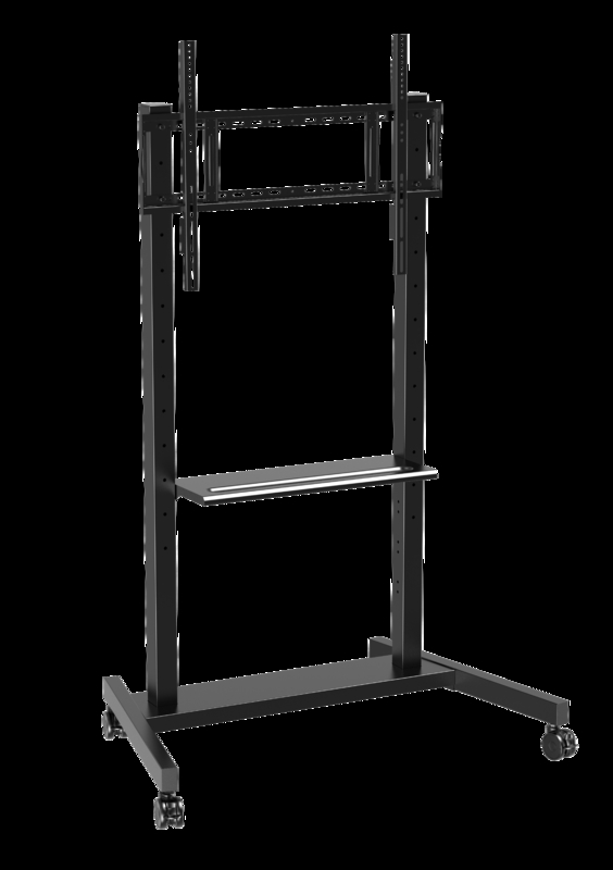 Suporte de TV móvel ajustável por atacado de fábrica 55"-86" com rodas Compatibilidade com quadro branco interativo Painel inteligente até 220 lbs Estrutura de aço Carrinho de TV com rodas